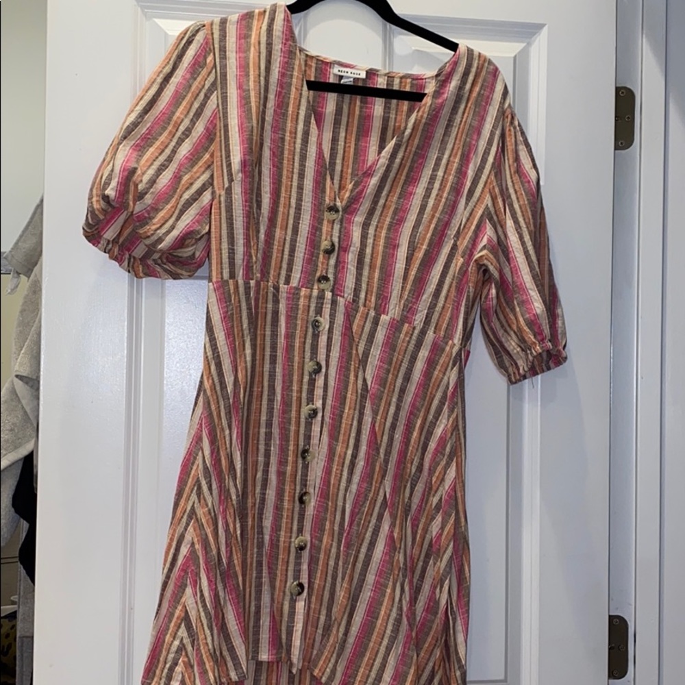 Puffy sleeve stripped button dress
